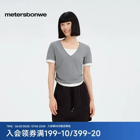 美特斯邦威女2025夏季新款户外假两件半开襟抽褶圆领舒适短袖恤商品大图