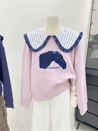 荷叶领套头卫衣女秋装2023年新款设计感小众重工刺绣宽松洋气上衣商品大图