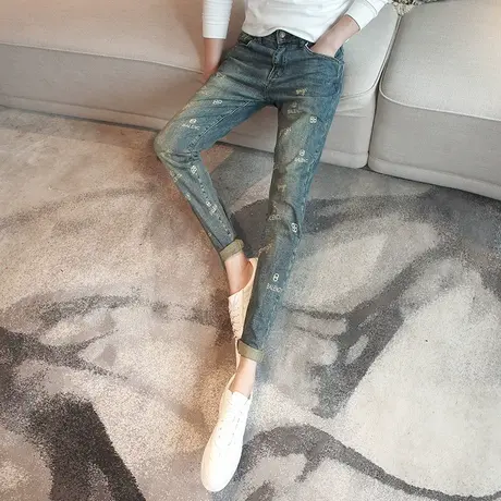 2023秋冬新款字母印花修身小脚牛仔裤男潮流青年显瘦铅笔裤子长裤商品大图