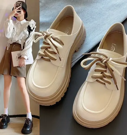 潮牌英伦风小皮鞋女士2023秋季新款时尚设计感小众厚底系带乐福鞋商品大图