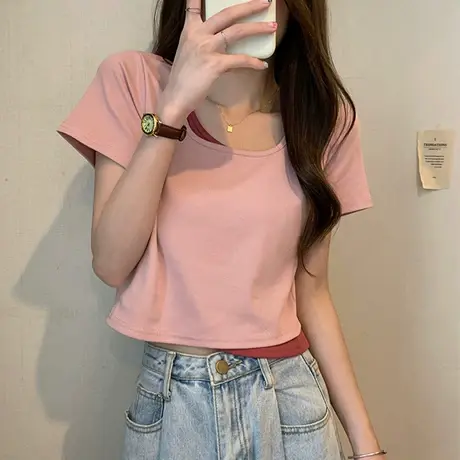 夏季新款设计感小众女t恤短袖甜酷修身假两件套独特别致上衣体恤商品大图