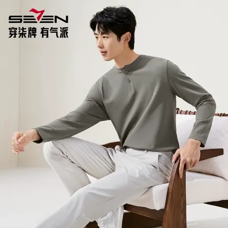【华夫格】柒牌男装长袖T恤2025秋季新款时尚休闲亨利领新疆棉t恤商品大图