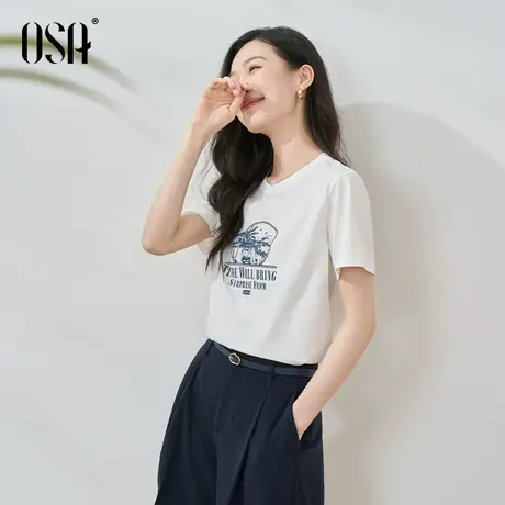 欧莎白色印花短袖T恤女夏季2024年新款宽松正肩通勤别致内搭上衣商品大图