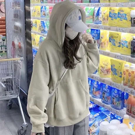 ins超火纯色简约连帽卫衣女早秋百搭宽松显瘦慵懒风学生外套上衣商品大图
