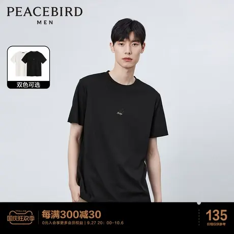 太平鸟男装 刺绣t恤男2023年春季新款100%纯棉休闲圆领短袖体恤男图片