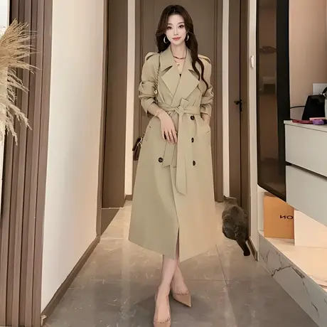 拉夏贝尔气质中长款风衣外套女秋季2025新款上衣系带收腰过膝大衣图片