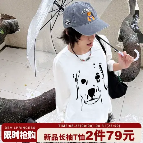 2025新款美式复古卡通印花白色长袖t恤女宽松显瘦减龄正肩上衣潮图片