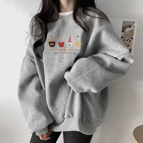 KV真维斯灰色圆领卫衣女2025新款秋季美式外套韩系慵懒宽松上衣女商品大图