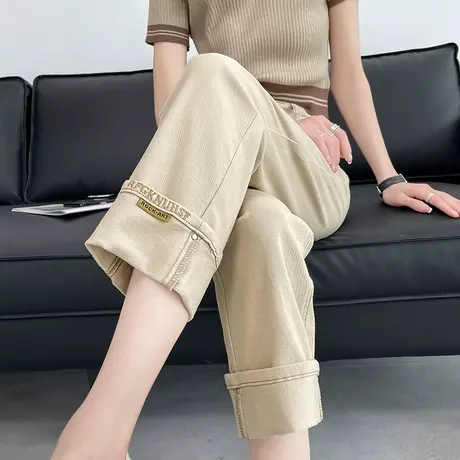 翻边直筒牛仔裤女2023年春秋新款高腰窄版显瘦九分小个子烟管裤潮商品大图