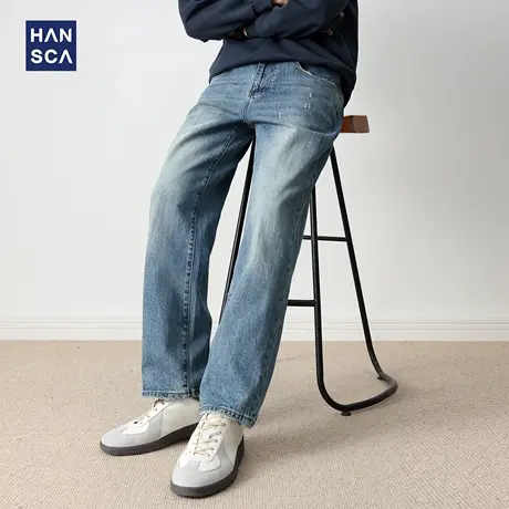 hansca宽松直筒破洞阔腿牛仔裤2025新款男秋季休闲水洗男潮长裤子商品大图