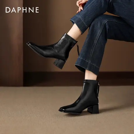 达芙妮黑色短靴2026新款冬季加绒马丁靴英伦粗跟瘦瘦靴方头短筒靴图片