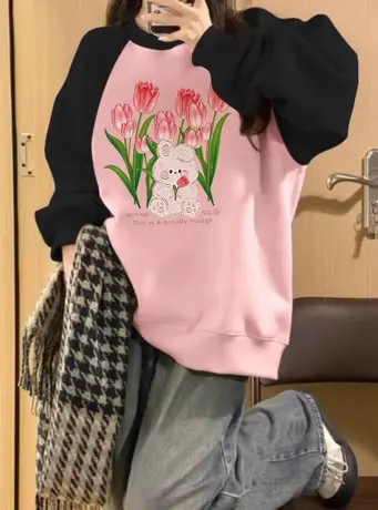 拼色插肩袖圆领卫衣女秋冬加绒加厚小个子宽松慵懒风港味chic上衣商品大图