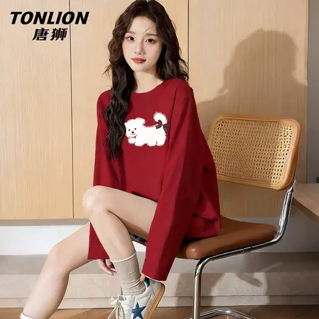 唐狮官方红色长袖t恤女2026新款春秋款女士本命年马年内搭上衣VB图片