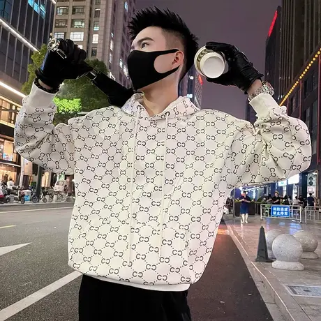 高级感复古满印连帽卫衣男秋季新款重磅潮牌休闲男装花色上衣外套商品大图