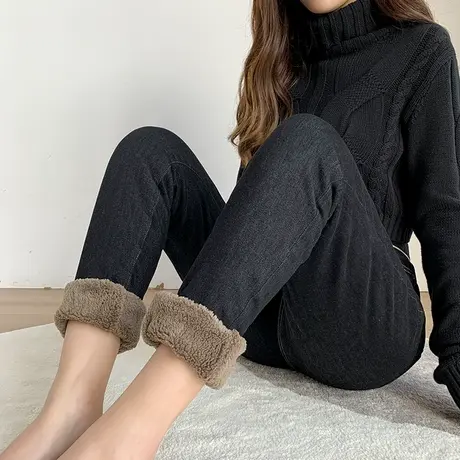 羊羔绒牛仔裤女高腰小脚2023新款秋冬加绒保暖显瘦紧身铅笔裤子图片