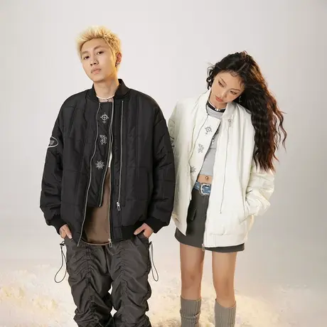 美式复古潮牌棒球服棉服女冬季外套2023年新款复古情侣装宽松棉衣商品大图