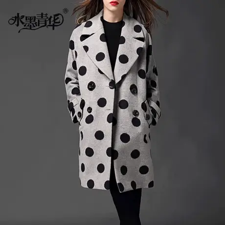 水墨青华2023冬季新款时尚中长款圆点毛呢外套优雅百搭羊毛大衣女图片