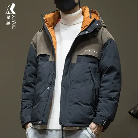 希越新国标90%白鸭绒男士羽绒服冬季宽松大码工装拼接面包服外套商品大图