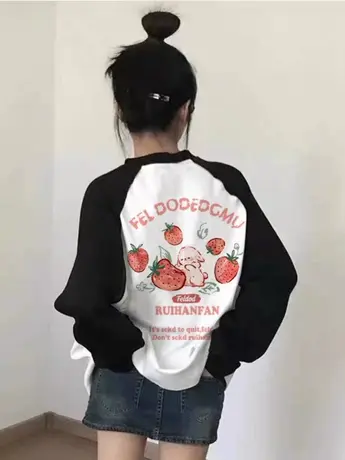 日系插肩袖拼接纯棉长袖T恤女春秋季潮牌宽松撞色内搭打底衫上衣图片