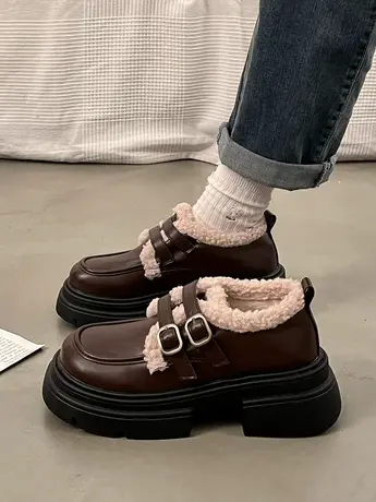 英伦风加绒小皮鞋女2023新款秋冬羊羔毛玛丽珍棉鞋粗跟厚底乐福鞋图片