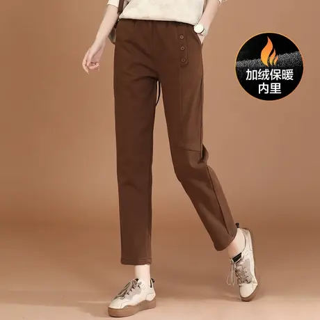 新品8.5折】松紧腰拼接加绒休闲裤女百搭显瘦哈伦裤子图片