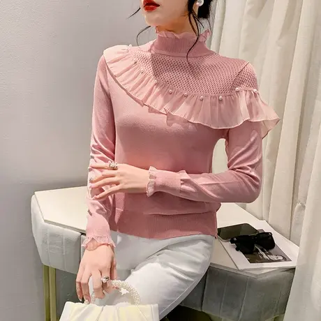 时尚半高领针织衫长袖设计感木耳边加厚毛衣女装洋气修身套头上衣商品大图