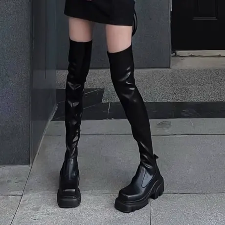 黑色单靴子女夏秋长筒靴新款高跟骑士靴弹力瘦瘦靴厚底过膝马丁靴商品大图