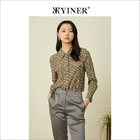 YINER音儿专柜女装2022春季新款印花POLO领桑蚕丝衬衫商品大图