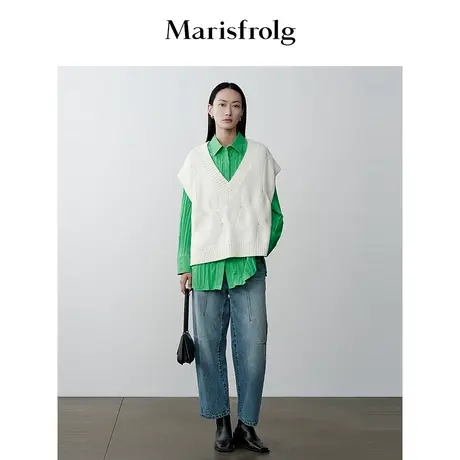 【商场同款】玛丝菲尔冬新款白色V领套头宽松无袖针织衫商品大图