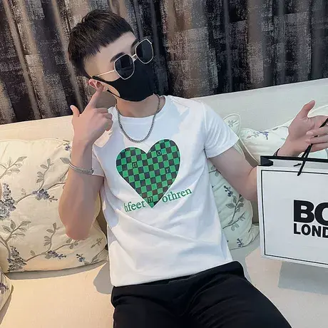 夏季男t恤打底衫格子爱心上衣短袖修身网红潮牌半袖潮流圆领体恤商品大图