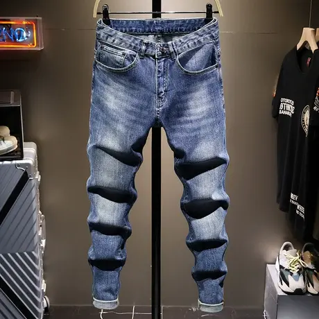 夏季薄款蓝色潮牌简约牛仔裤男修身小脚男士休闲长裤子男生弹力款商品大图