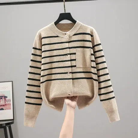 2023春装新款韩版宽松圆领条纹开衫女士百搭外套毛衣上衣长袖纽扣商品大图