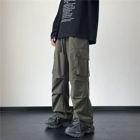 ins春秋美式潮牌宽松直筒长裤男2024潮流纯色伞兵休闲拖地工装裤商品大图
