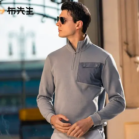 MrBu布先生拉链立领加厚长袖t恤秋季几何形贴袋男卫衣BT12166商品大图