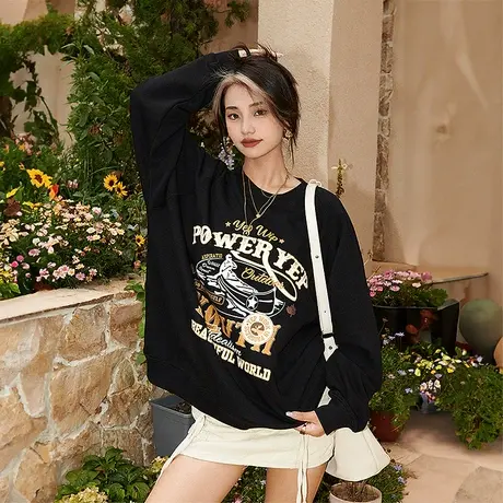 YEP黑色圆领宽松卫衣女2024新款爆款复古春秋上衣美式潮牌外套ins商品大图