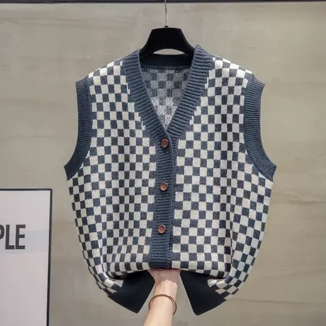 v领针织开衫马甲背心女2023秋装新款宽松马甲棋盘格外穿毛衣坎肩商品大图