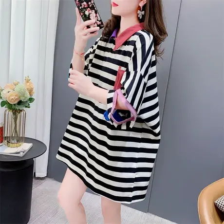 宽松Polo领条纹短袖T恤女夏季2023年新款韩版大码洋气设计感上衣图片