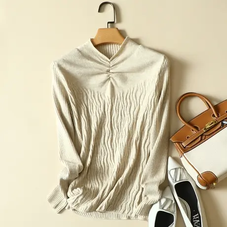 春装洋气褶皱半高领套头毛衣女树皮提花洋气针织衫显瘦气质打底衫商品大图