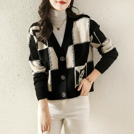 2023秋冬新款针织开衫女装短款毛衣外套慵懒风格子外搭长袖上衣商品大图