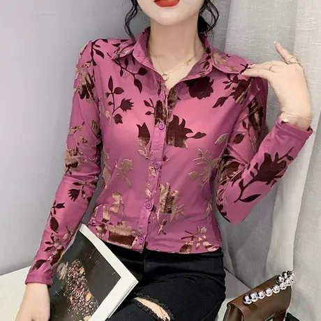 欧货气质POLO领衬衫女长袖植绒印花洋气上衣性感修身网纱打底衫潮图片