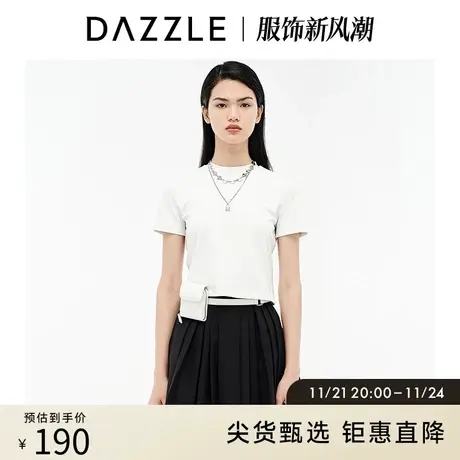 DAZZLE地素奥莱 白色立体印花弹力短款T恤上衣女2D3A7011B图片