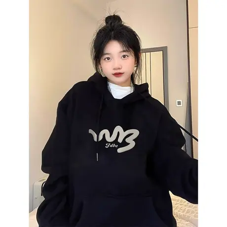 美式卫衣女秋冬季宽松连帽加绒加厚oversize潮小众设计感美式外套商品大图