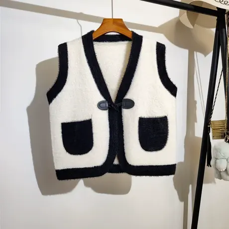 小香风毛衣开衫马甲女秋冬新款宽松v领牛角扣针织衫马夹背心外套商品大图