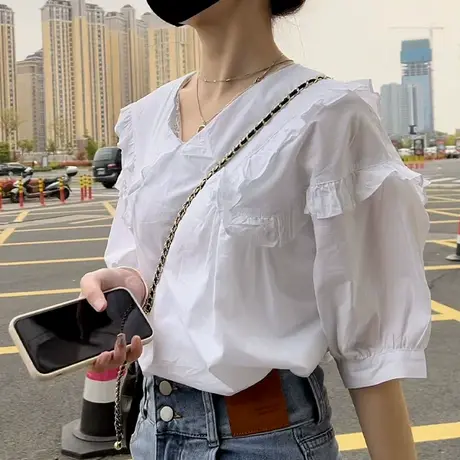2023白色衬衫女夏新款韩版宽松百搭甜美木耳边短袖V领娃娃衫衬衣商品大图