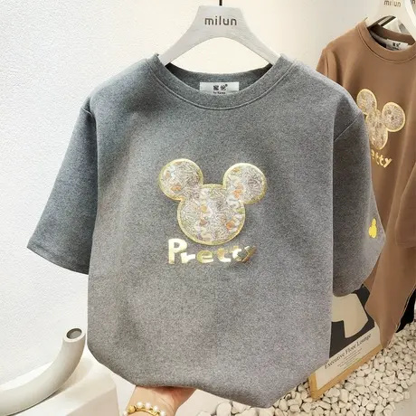 2023春秋冬磨毛加厚T恤女韩版字母休闲半袖内搭打底衫欧货大码潮商品大图