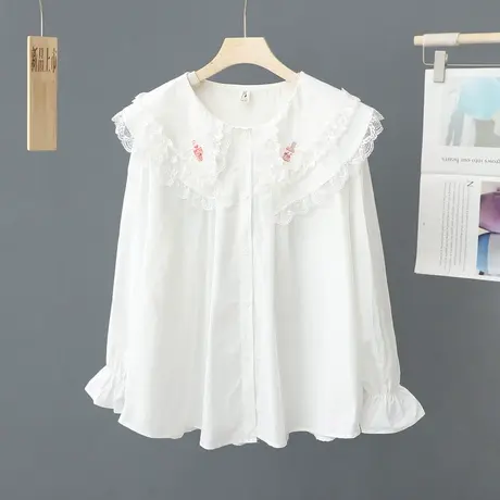 春季新款甜美大翻领长袖衬衫女装设计感小众蕾丝边娃娃领白色衬衣商品大图