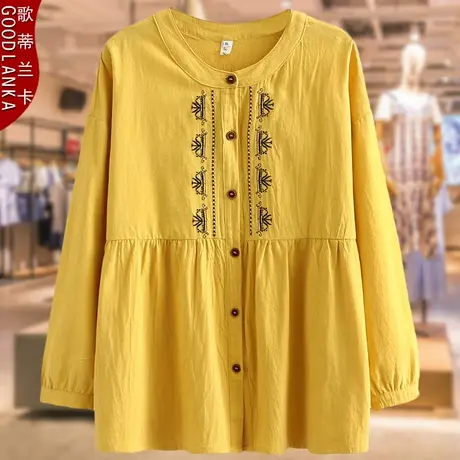 中年妈妈秋装长袖上衣洋气时尚民族风加肥加大码女装圆领宽松衬衫图片