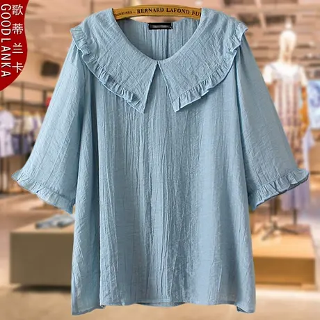 中年妈妈夏装纯棉衬衣女大码宽松洋气提花减龄娃娃衫短袖T恤上衣图片