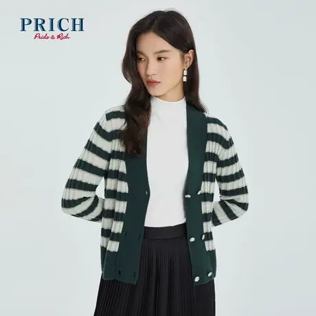PRICH【直播专享】冬季新款V领双排扣短款条纹针织开衫外套商品大图