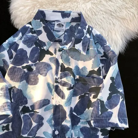 短袖衬衫女2022新款夏季港味复古设计感小众法式别致方领上衣外穿商品大图